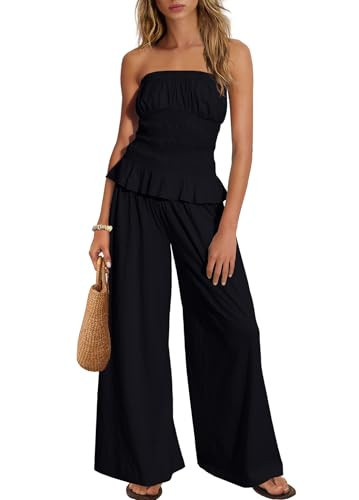 ReachMe Womens 2 Piece Summer Vacation Outfits Strapless Smocked Top & Wide Leg Pants Set with Pockets Beach Travel Sets(Black,M) | Amazon (US)