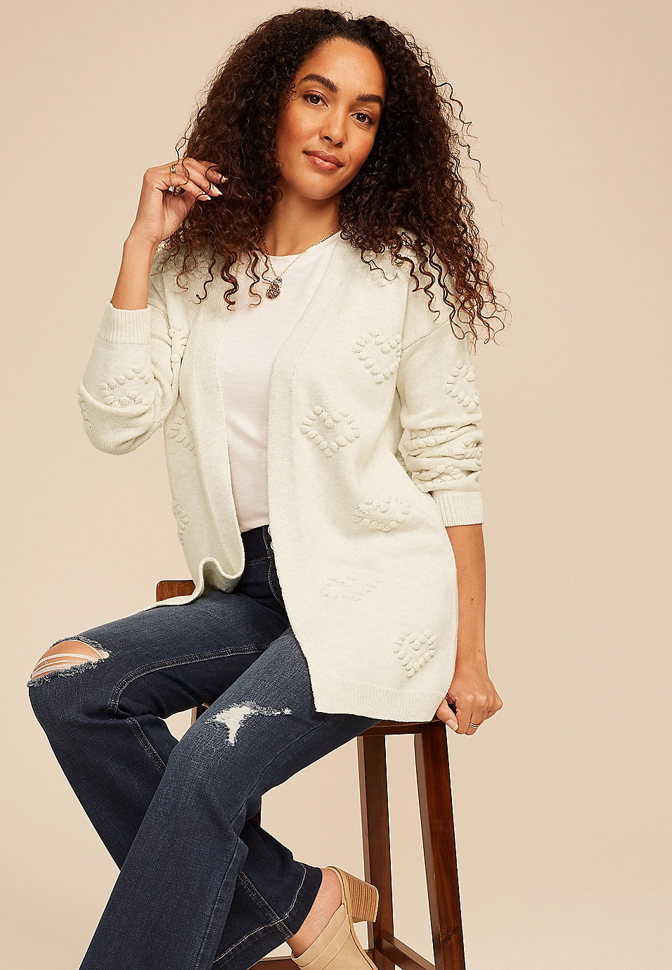 Heart Bobble Open Front Cardigan | Maurices