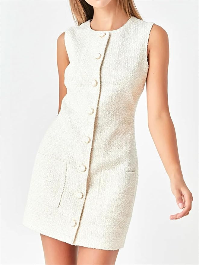 Tweed Dress Woman Sleeveless Bodycon Jackie O Dresses Crew Neck Elegant Button Down Mini Dress | Amazon (US)