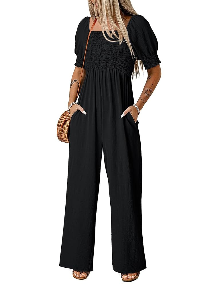 Dokotoo Jumpsuits for Women 2025 Summer Lantern Sleeves Rompers Wide Leg Casual Overalls with Poc... | Amazon (US)