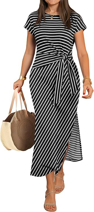 ANRABESS Womens Summer Maxi Dress Casual Crew Neck Tie Waist Split Wrinkle-Free Fit Long Fashion ... | Amazon (US)