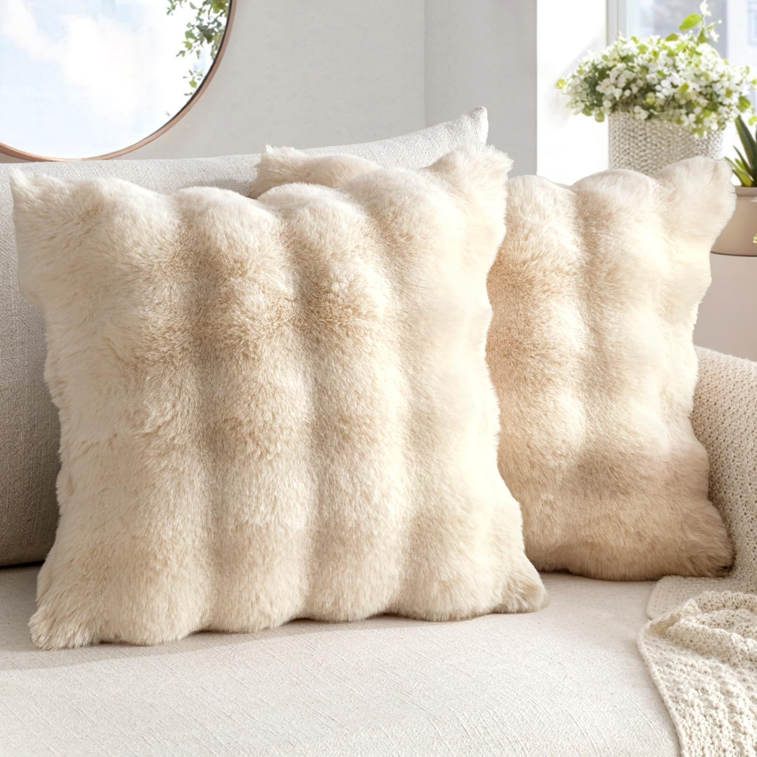 MIULEE Pack of 2 Faux Fur Fluffy Pillow Covers 18x18 Inch, Beige | Amazon (US)