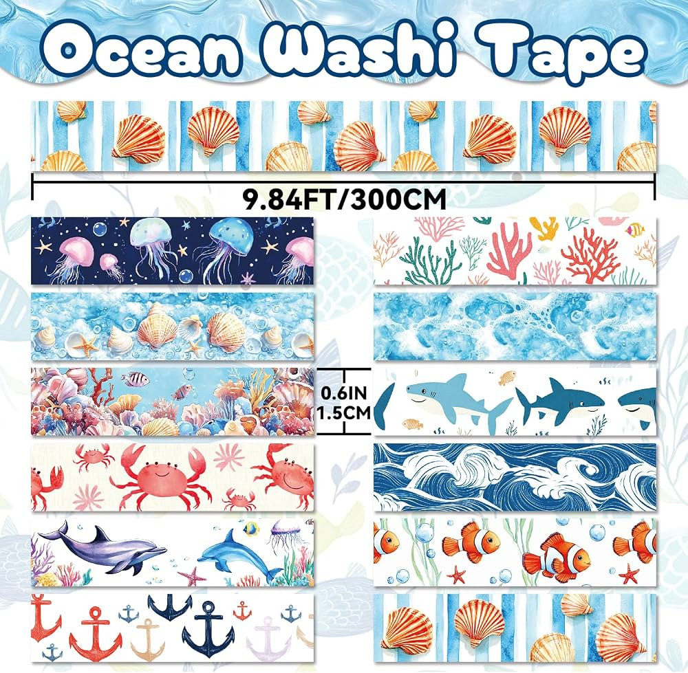 Ocean Theme Washi Tape Set,12 Rolls Watercolor Blue Sea Aesthetic Decorative Tape Waves Shells Do... | Amazon (US)