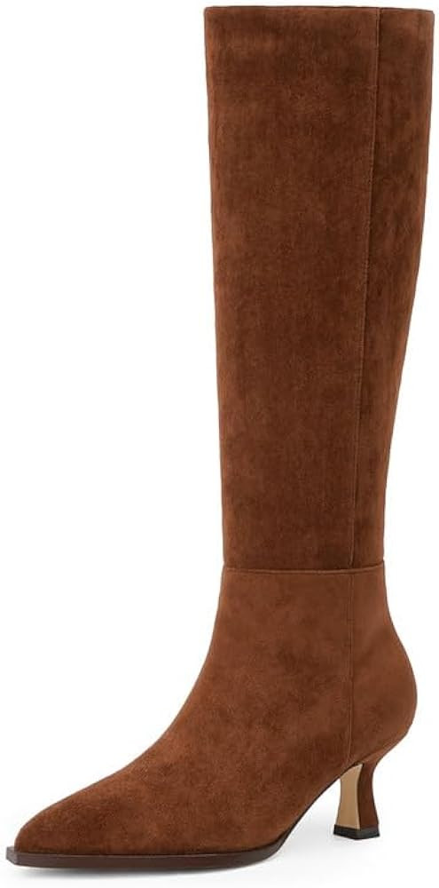 Modatope Knee High Boots Kitten Low Heel Faux Leather Pointed Toe Side Zipper Fall Long Tall Boot... | Amazon (US)