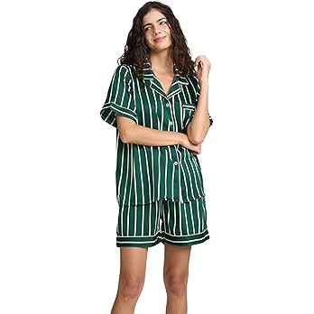 Womens Silk Satin Shorts Pajamas Set Button Down 2 Piece Pjs Short Sleeve Oversized Sleepwear wit... | Amazon (US)