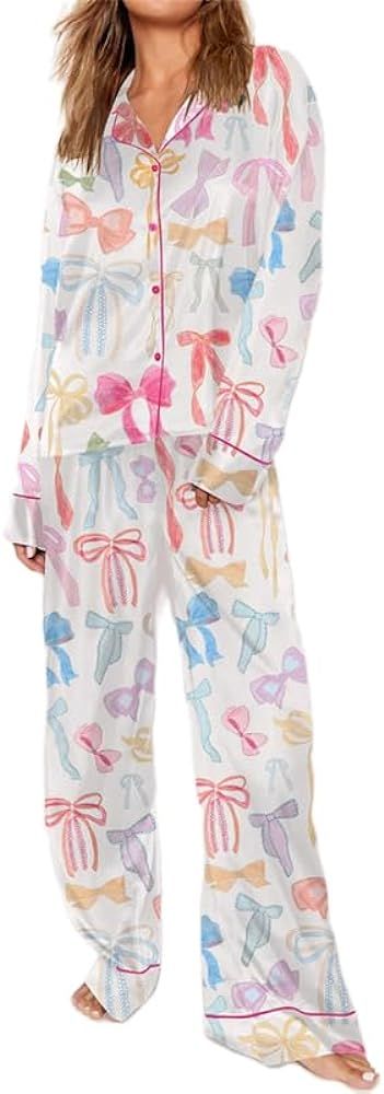 Women 2 Piece Casual Lounge Outfits Pajamas Set Long Sleeve Heart Cartoon Printing Button Down Sh... | Amazon (US)