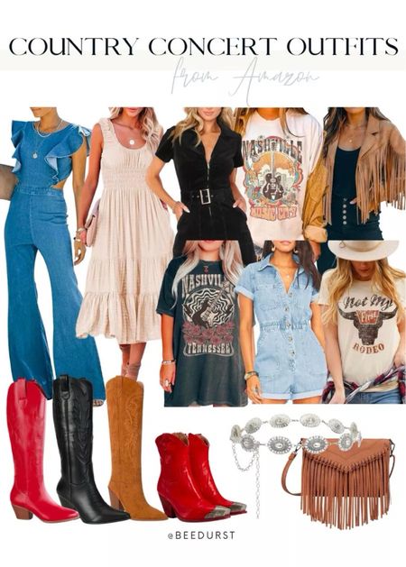 Country concert outfit from Amazon, Nashville outfit from Amazon, Nashville trip, concert outfit, country concert, cowgirl boots, cowgirl outfit, outfit for Nashville, denim romper, red cowboy boots, country concert tshirt, black denim romper, fringe jacket 

#LTKshoecrush #LTKFestival #LTKstyletip