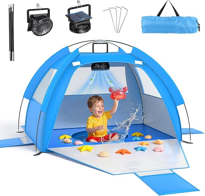 Baby Beach Tent Solar Cooling Fan, Anti-UV Toddler Beach Tent Sun Shelter Portable Travel Fan Bea... | Amazon (US)