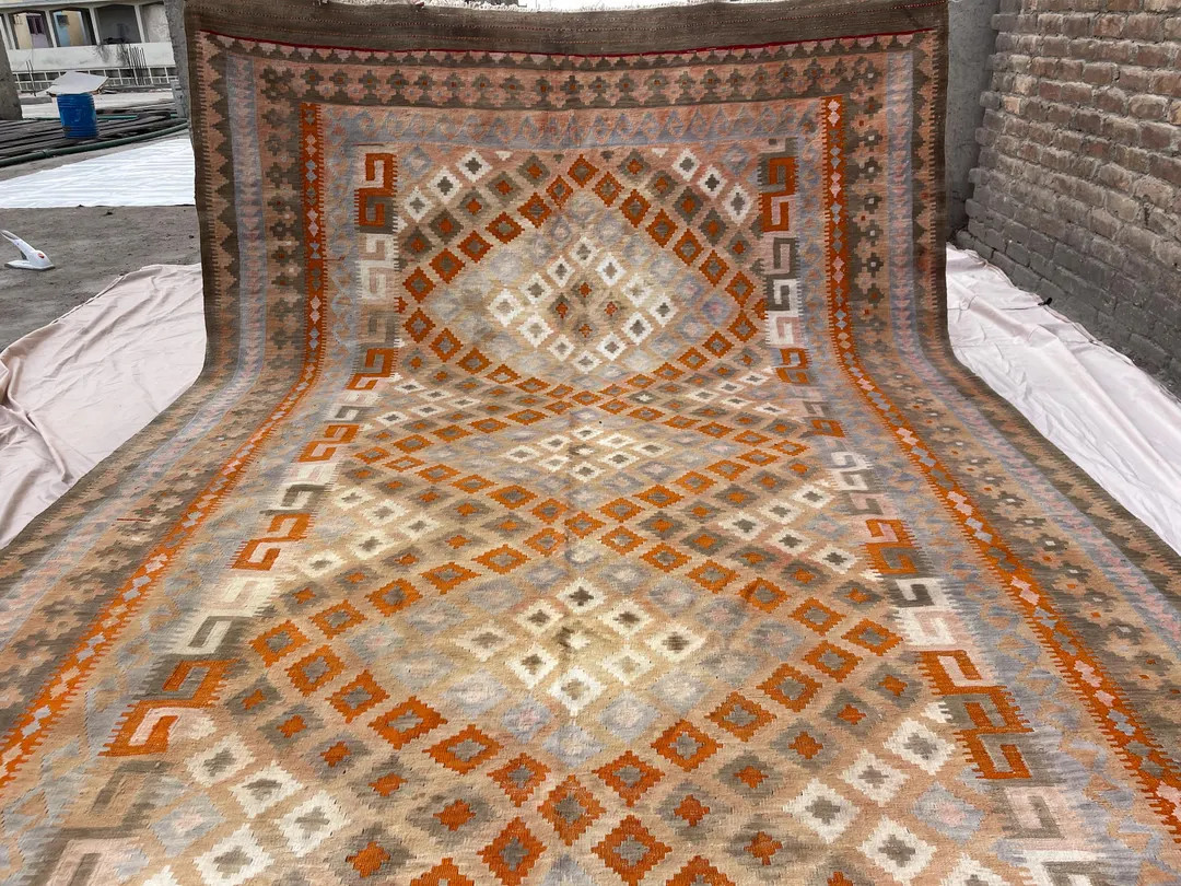 Large Vintage Kilim Rug, 9x16 Handmade Wool Rug, Terracotta Flatweave, Turkmen Tribal Design - Et... | Etsy (US)