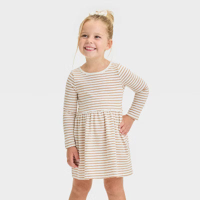 Toddler Girls' Solid Striped Long Sleeve Dress - Cat & Jack™ Off-White 5T | Target