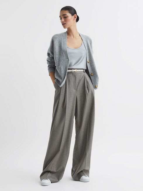 Reiss Grey Otis Wool Blend Pinstripe Wide Leg Trousers | Reiss US