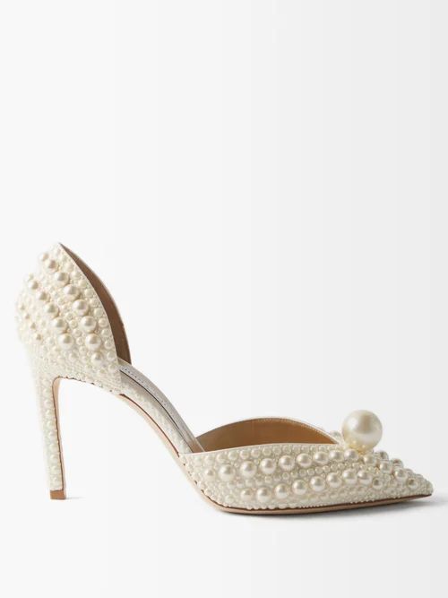 Jimmy Choo - Sabine 85 Faux-pearl Embellished Satin Pumps - Womens - White | Matches (US)