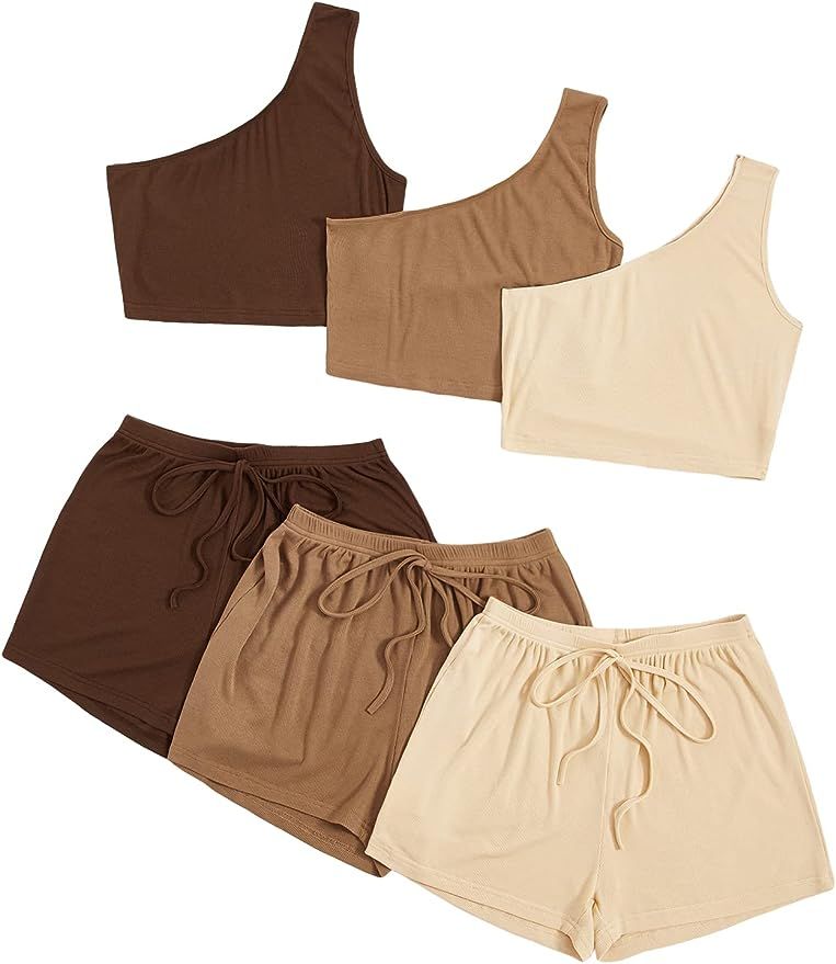 GORGLITTER Women's 3 Sets Pajama Set One Shoulder Crop Top and Drawstring Front Shorts Lounge Set... | Amazon (US)