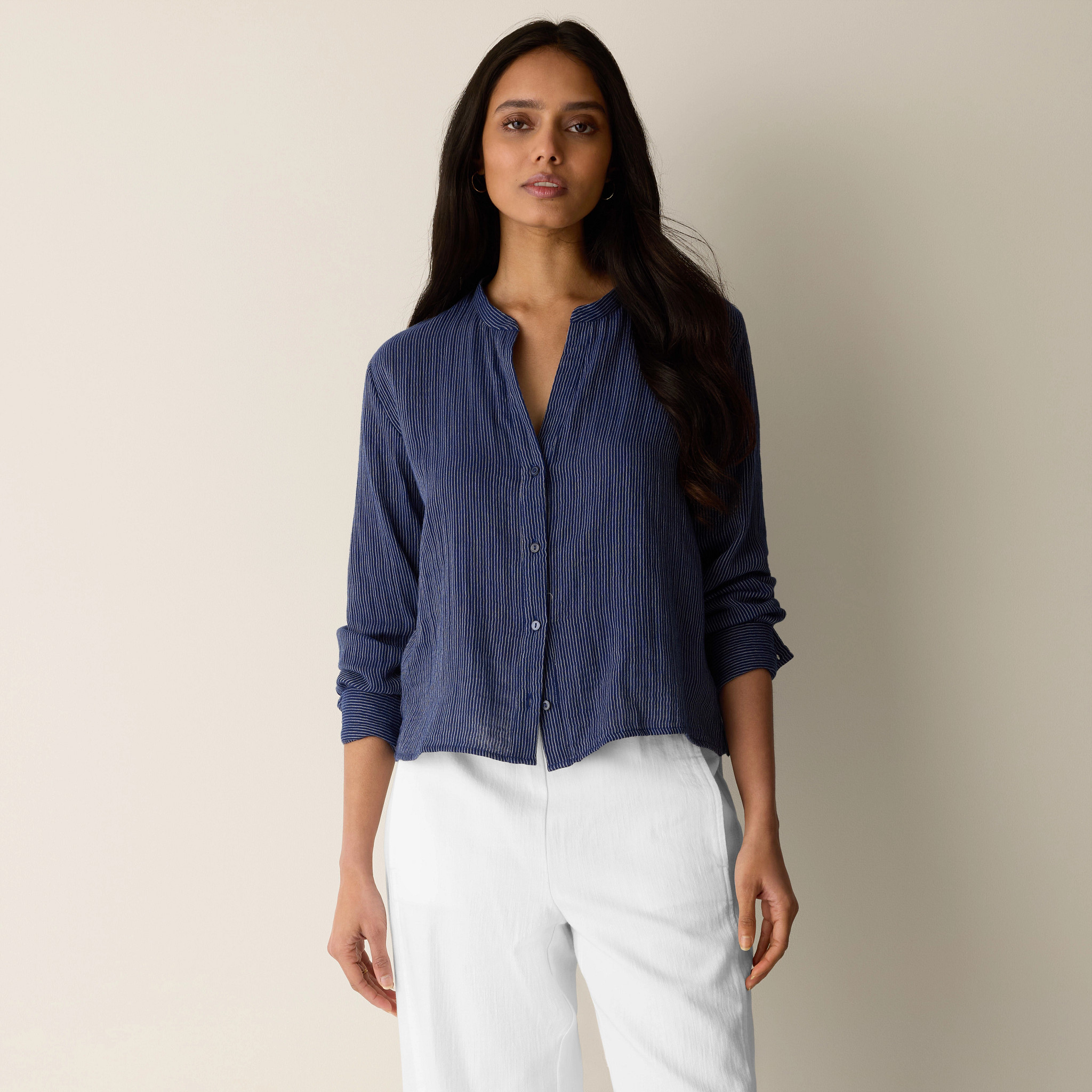 Striped Organic Cotton Gauze Band Collar Shirt | Eileen Fisher