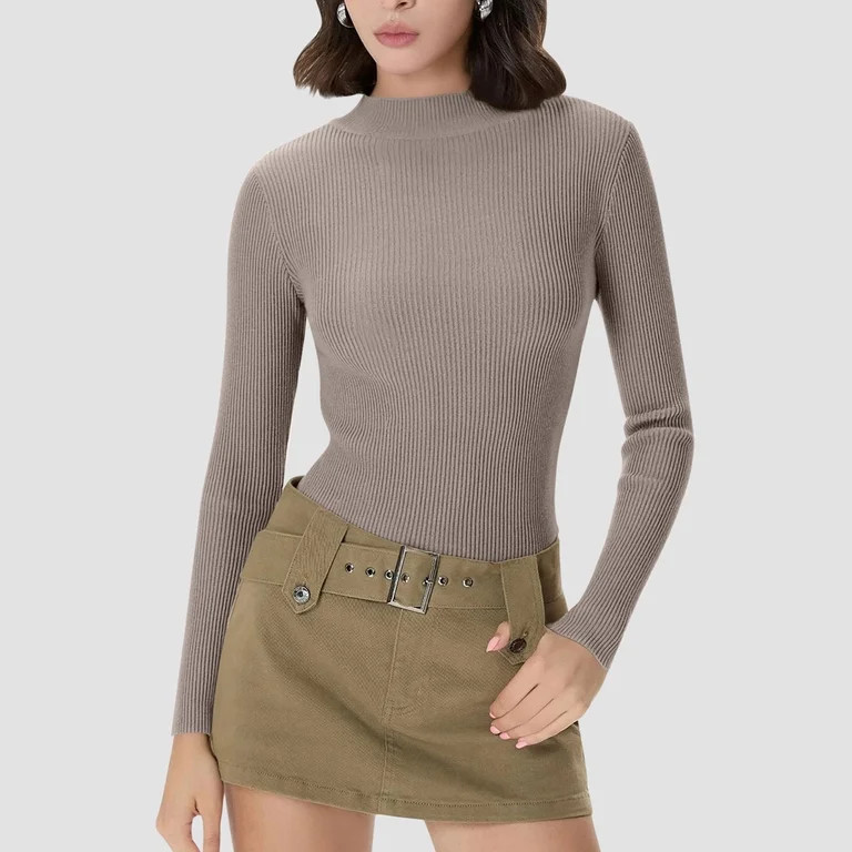 Women's Long Sleeve Ribbed Knit Turtleneck Sweater, Slim Fit Thermal Base Layer Top, 14 Colors | Walmart (US)