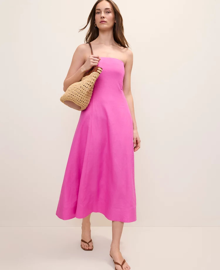 Strapless Midi Dress in Linen Blend | Ann Taylor