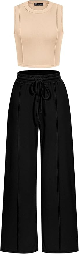Pretty Garden Womens 2 Piece Summer Ribbed Knit Sleeveless Crop Tank Tops Wide Leg Casual Pants | Amazon (US)