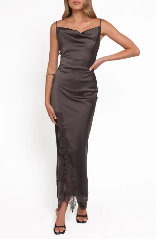 Petal & Pup Jeneva Lace Trim Satin Maxi Dress in Brown at Nordstrom, Size X-Small | Nordstrom