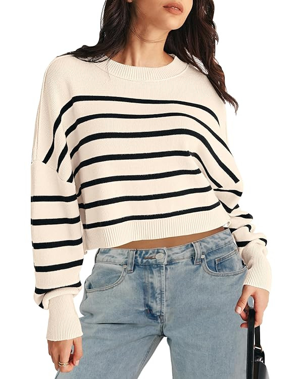 MEROKEETY Women's Long Sleeve Crew Neck Striped Crop Sweater Ribbed Knit Pullover Jumper Tops | Amazon (US)