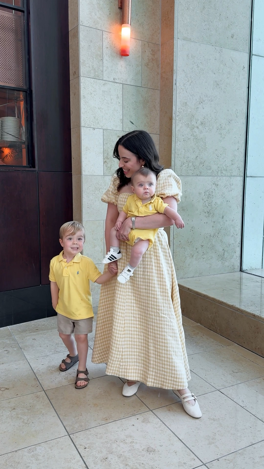 Family summer outfit idea! Obsessed with this yellow puff sleeve midi dress (wearing size 2) and the boys matching Polo outfits