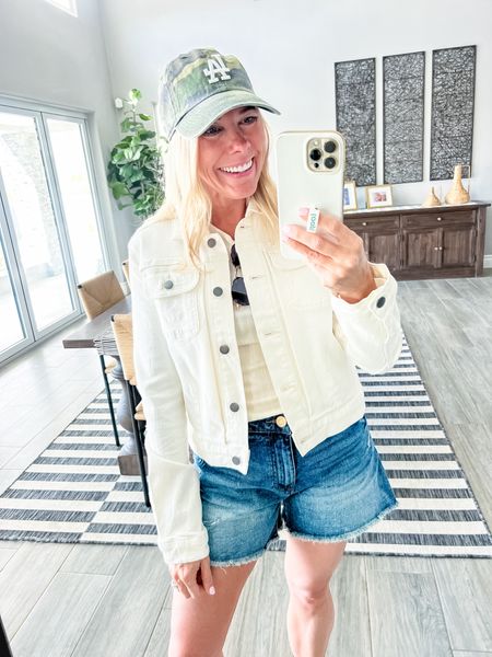 Love these Jean shorts with this cream, tank top and denim jacket, Birkenstock sandals, and a camo hat. Size extra small in the shirt and jacket and a chew in the shorts. Shorts run a little big I should’ve gotten the size small. Size 38 Birkenstocks. Evereve denim shorts spring outfit ideas


#LTKSeasonal #LTKstyletip #LTKover40