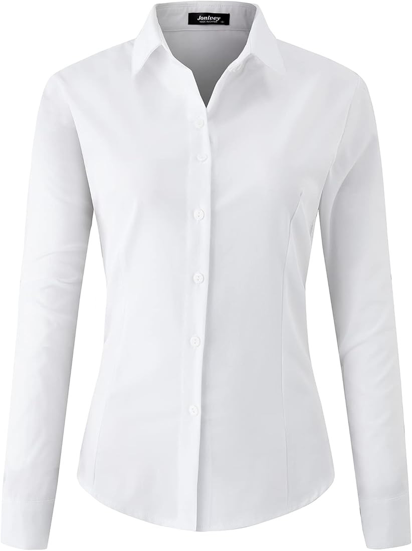 Women Stretch Button Down Shirt Long Sleeve Basic Work Formal Casual Blouse | Amazon (US)