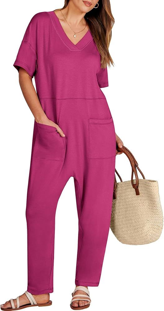 ANRABESS Jumpsuits for Women 2024 Summer Casual Pajamas Short Sleeve V Neck Harem Pants Onesie Ro... | Amazon (US)