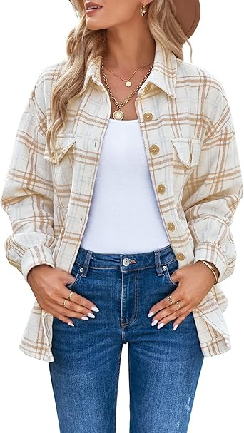 GRAPENT Womens Shacket Jacket Oversized Plaid Flannel Button Down Shirt Jackets Long Sleeve Coats | Amazon (US)
