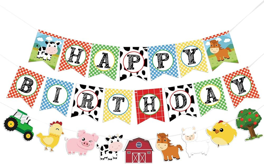 WERNNSAI Farm Animals Birthday Banner - Happy Birthday Banner with Tractor Barnyard Bunting Garla... | Amazon (US)