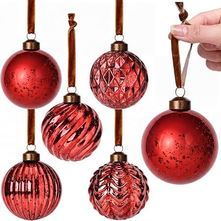 Suncalla 6 Pcs Vintage Red Mercury Glass Christmas Ball Xmas Tree Ornaments | 3.15 Inch Burgundy ... | Amazon (US)