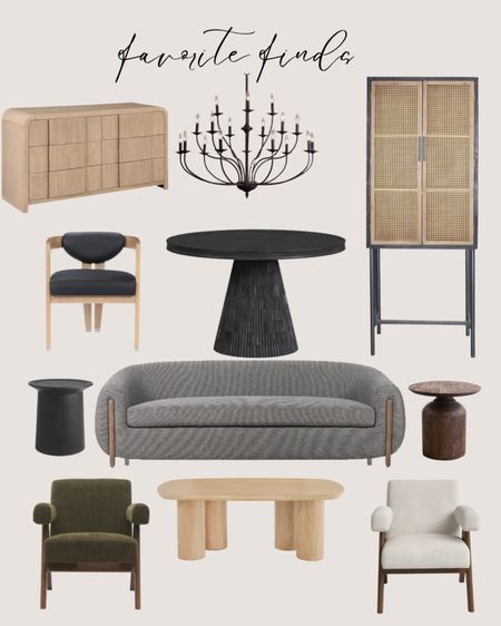 Wayfair favorite finds: 
Gray curved sofa modern. Black side table modern. Dark wood side table. Light wood coffee table. Green accent chair. White accent chair. Black round dining chair. Black dining chair. Natural wood cabinet. Black chandelier traditional. Black rattan cabinet tall.

#LTKhome #LTKsalealert
