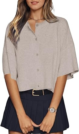 Womens Cropped Cardigan Sweater Tops 2026 Spring Fashion Lightweight Summer Short Sleeve Button C... | Amazon (US)