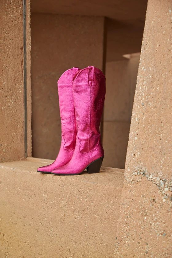 Colson Pink Crinkle Metallic Western Knee-High Boots | Lulus (US)