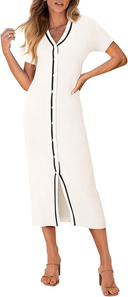 BTFBM Casual Short Sleeve Summer Dresses Women's Knit Bodycon Sweater Dress Decorative Button V N... | Amazon (US)