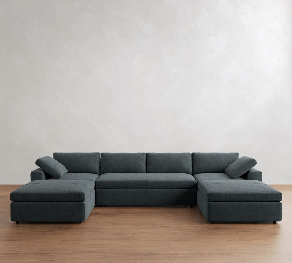 Dream Square Arm Leather 5-Piece U-Shaped Modular Sectional with Bench Cushion and Ottoman, Memory Foam Seat Cushions and Down Blend Wrapped Back Cushions, Performance Roughout Suede Steel Blue | Pottery Barn (US)