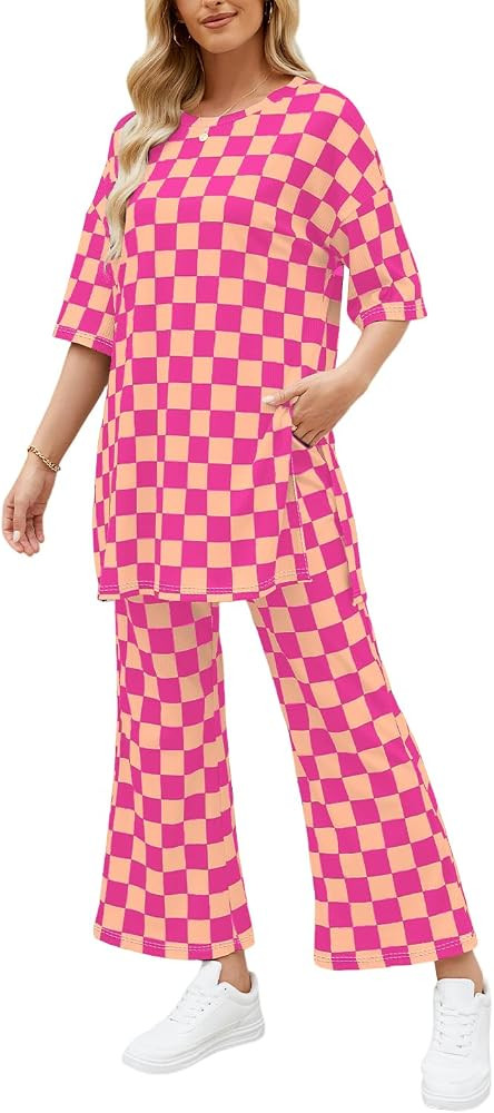 Women 2 Piece Outfits Casual Checkered Half Sleeve Pullover Top and Wide Leg Pants Matching Loung... | Amazon (US)