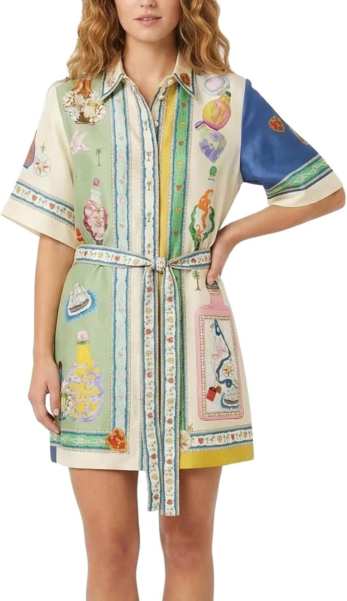 Femiserah Women's Summer Button Down Shirt Dresses with Belt Short Sleeve Floral Collared Dress V... | Amazon (US)