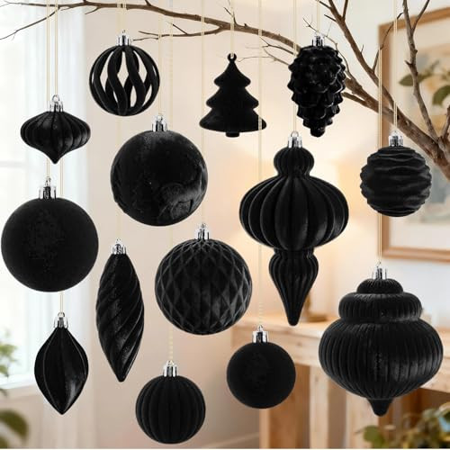 18Pcs Velvet Christmas Tree Ornaments Set, Black Shatterproof Flocked Christmas Decorations Bulk for Tree, Classic Decorative Hanging Ball Ornaments for Xmas Holiday Home Party Decor | Amazon (US)