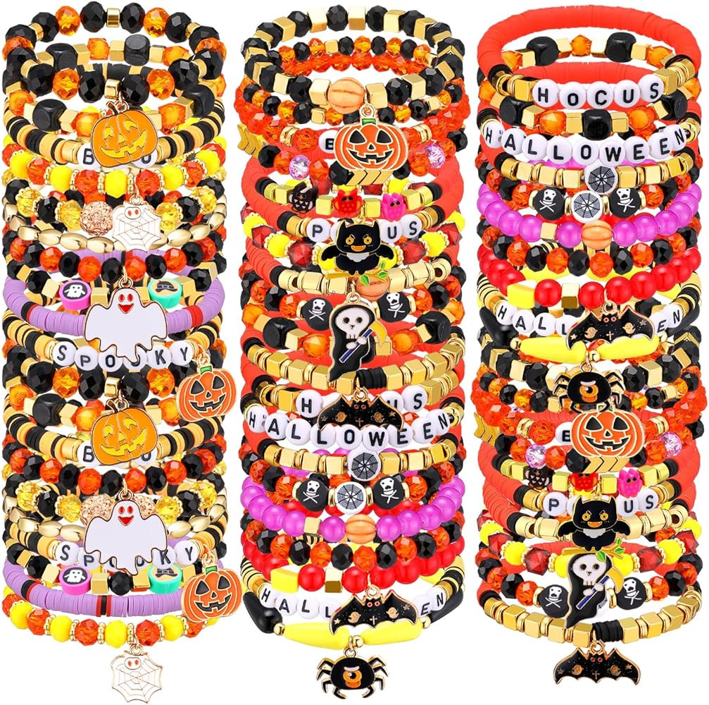 60 Pcs Halloween Bracelets Bulk Beaded Stretch Bracelets with Pumpkin Spider Ghost Witch Web Char... | Amazon (US)