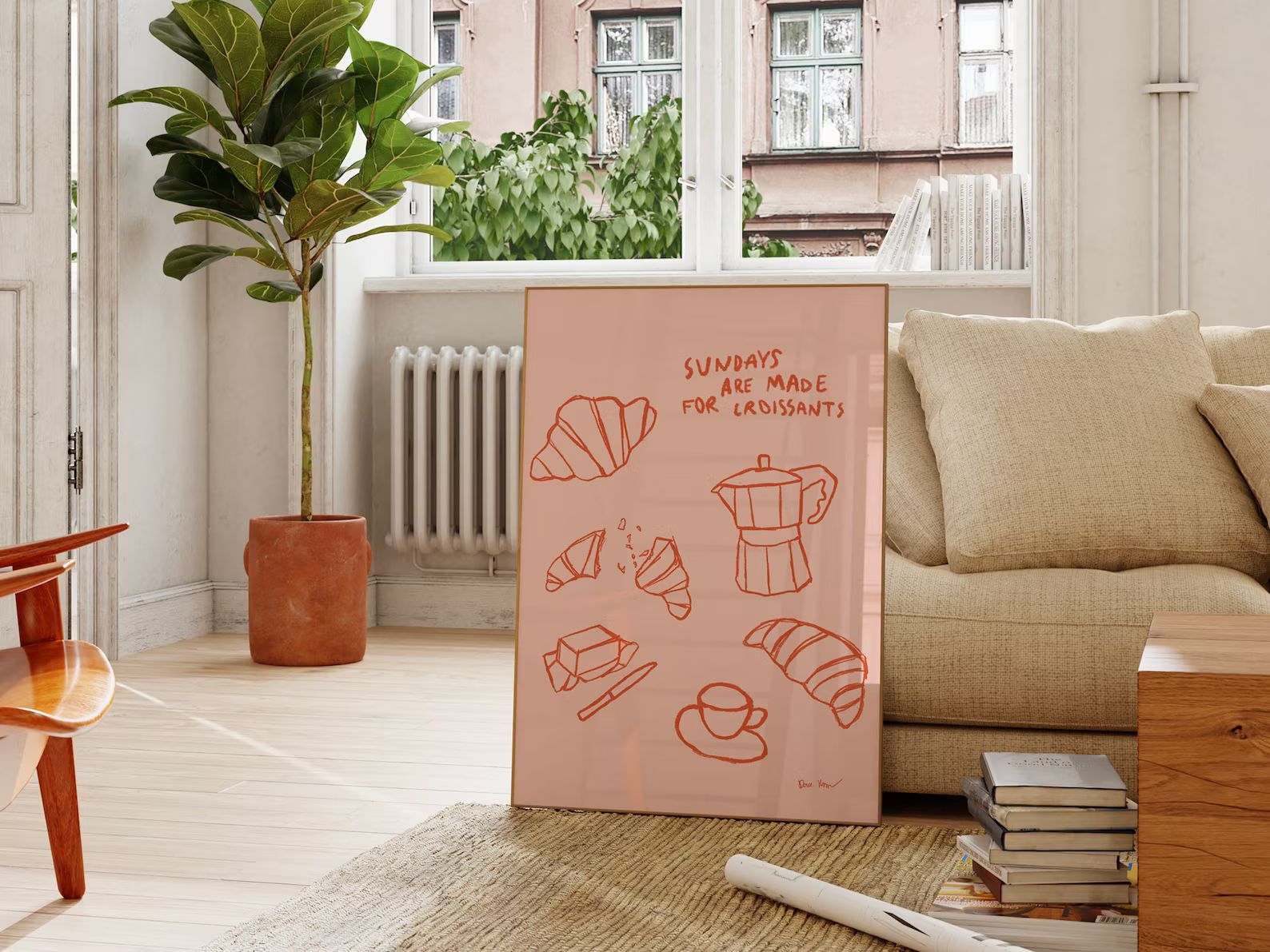 Hand Drawn Coffee Breakfast Print, Aesthetic Kitchen Poster, French Croissant Wall Art, Moka Pot ... | Etsy (US)