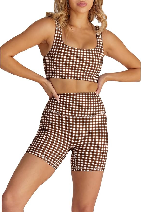 Womens Gingham Workout Sets 2 Piece Sets Summer Outfits Athletic Sports Bra High Waist Shorts Set... | Amazon (US)