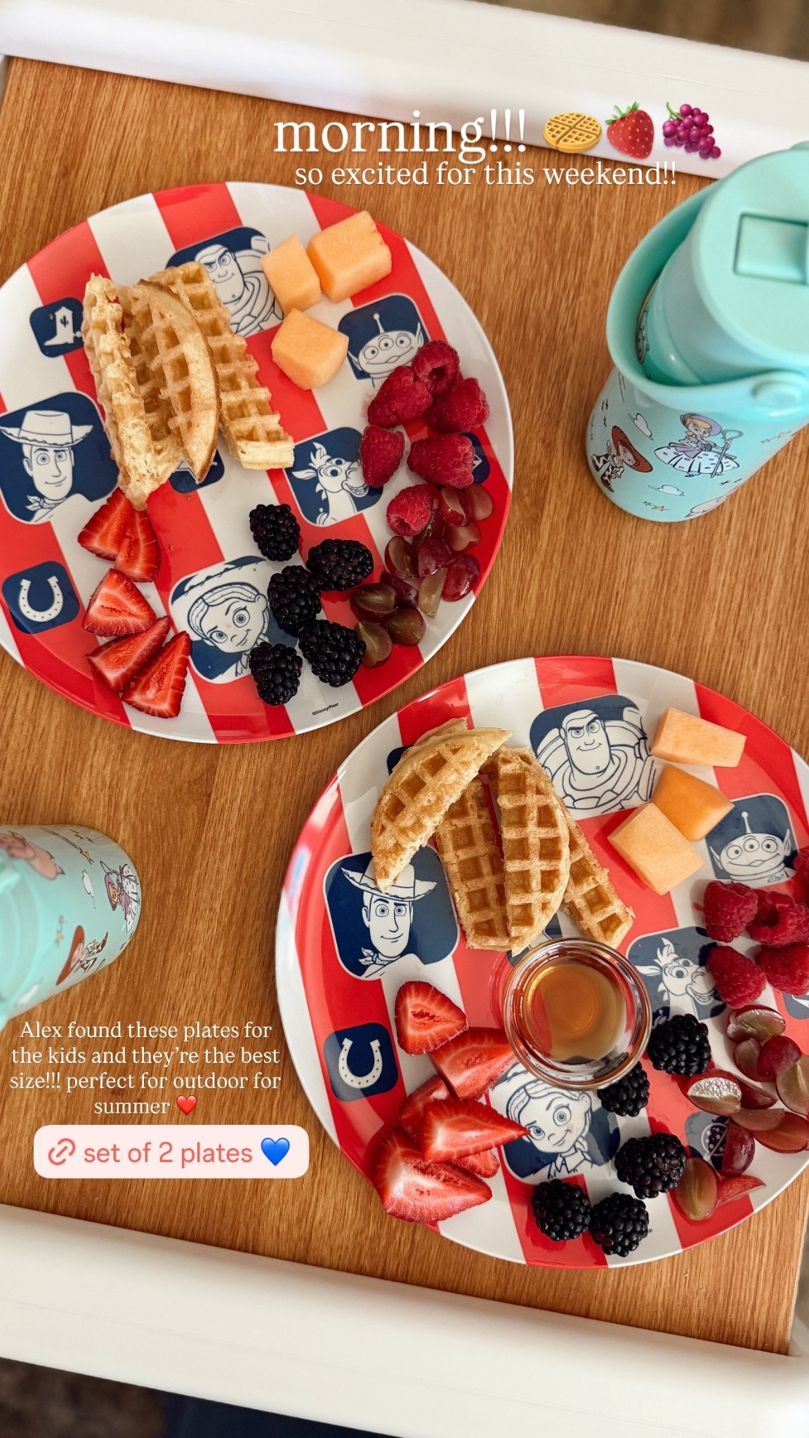 morning!!! 🧇🍓🍇 so excited for this weekend!! Alex found these plates for the kids and they’re the best size!!! perfect for outdoor for summer ❤️