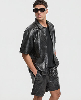 Men's Relaxed-Fit Checkerboard Pleather Short-Sleeve Shirt | Macy's