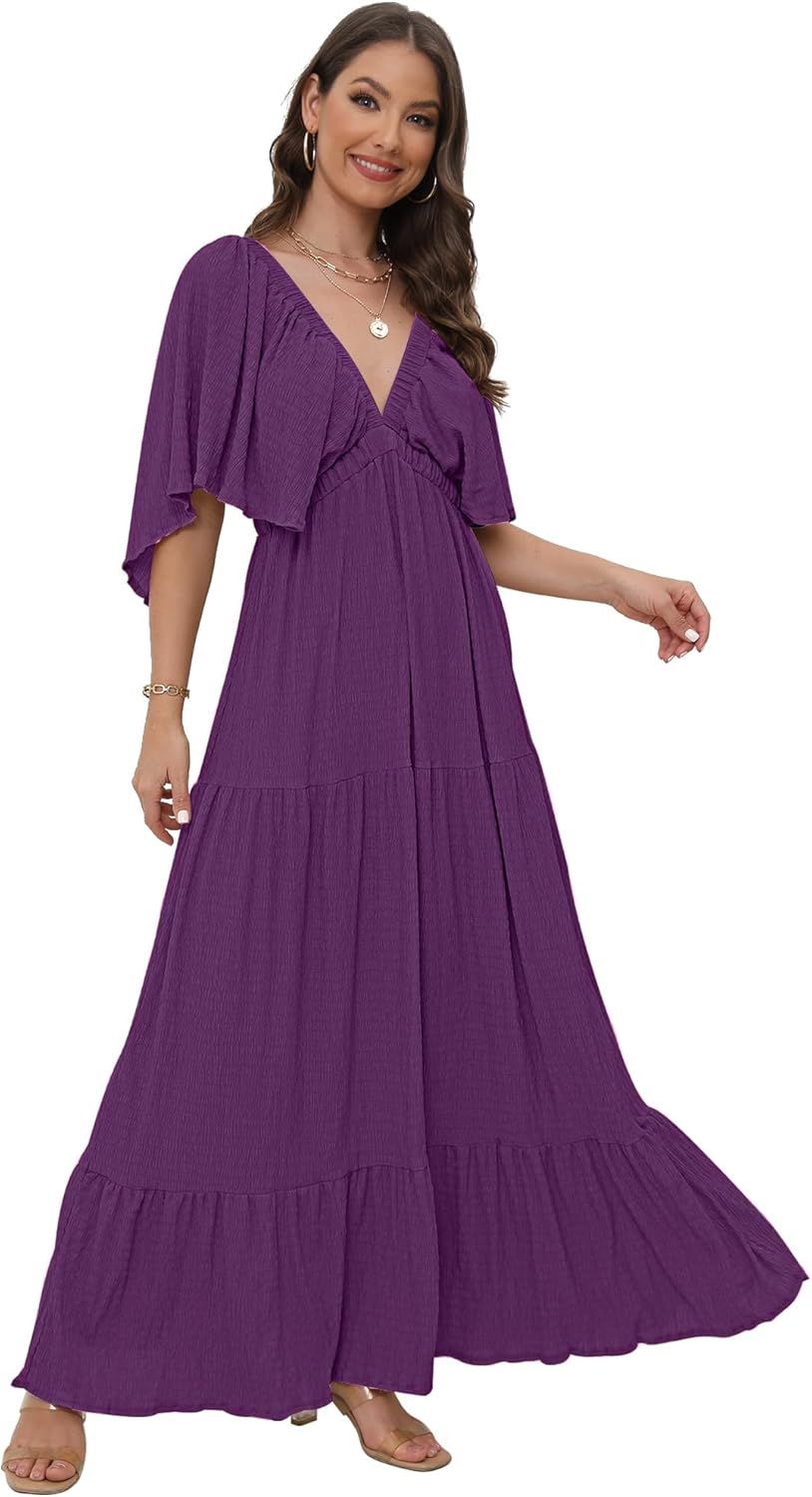 Women's Summer V-Neck, Tiered Silhouette with Flutter Sleeves Maxi Dress for Casual | Amazon (US)