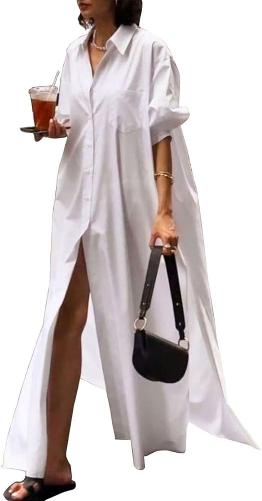 UOOZEE Women's Long Sleeve Maxi Shirt Dress Button Down Side Slit Loose Flowy 2025 Vacation Sundr... | Amazon (US)