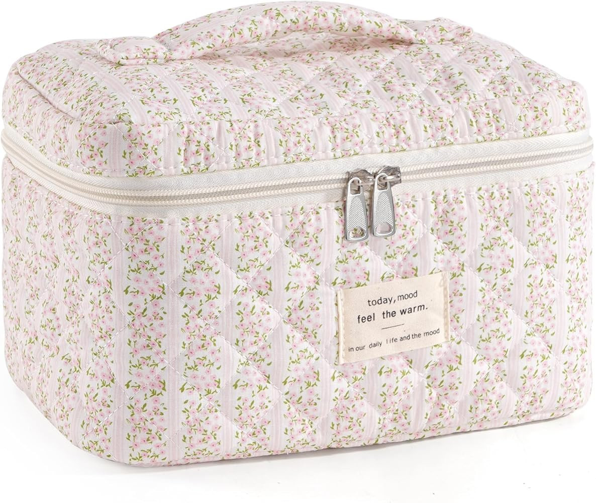 Makeup Bag for Women Quilted Cotton Make Up Bag Travel Cosmetic Bag Large Makeup Bag Cute Makeup ... | Amazon (US)