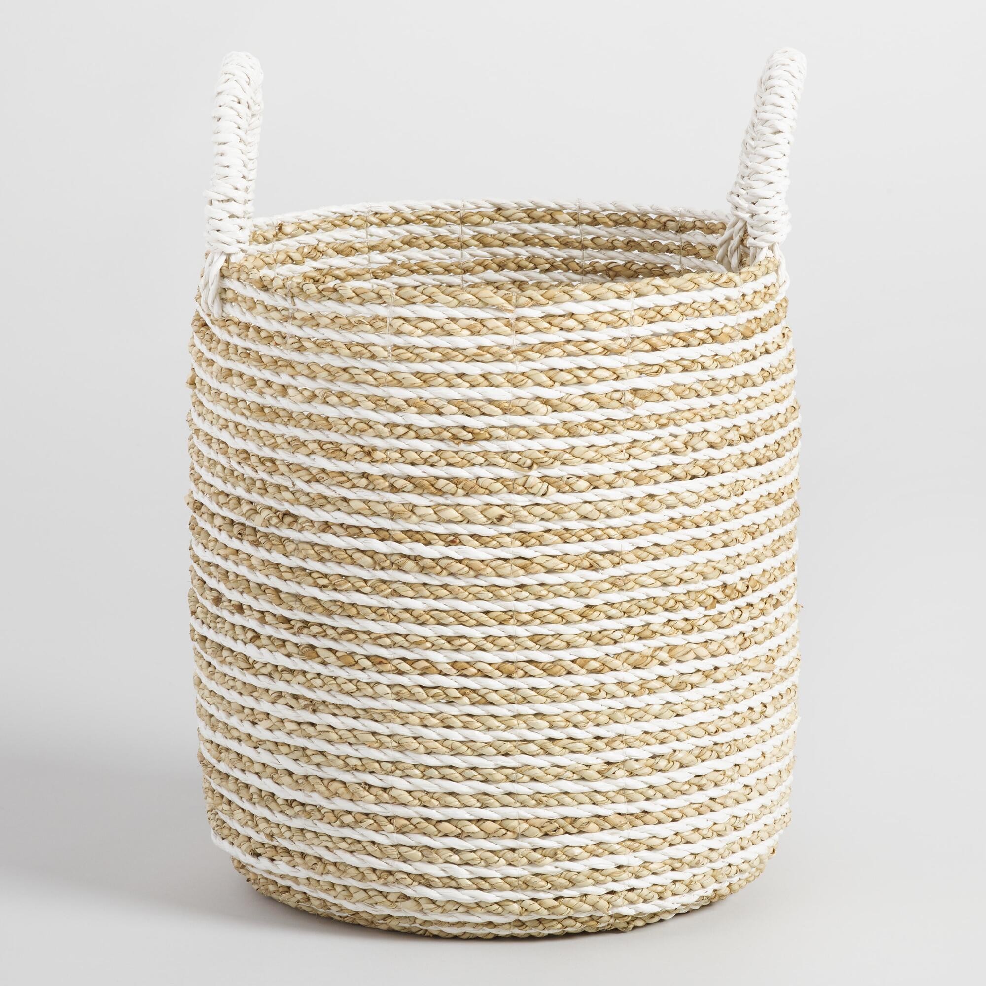Small Striped Seagrass Bianca Tote Basket: White - Natural Fiber by World Market | World Market