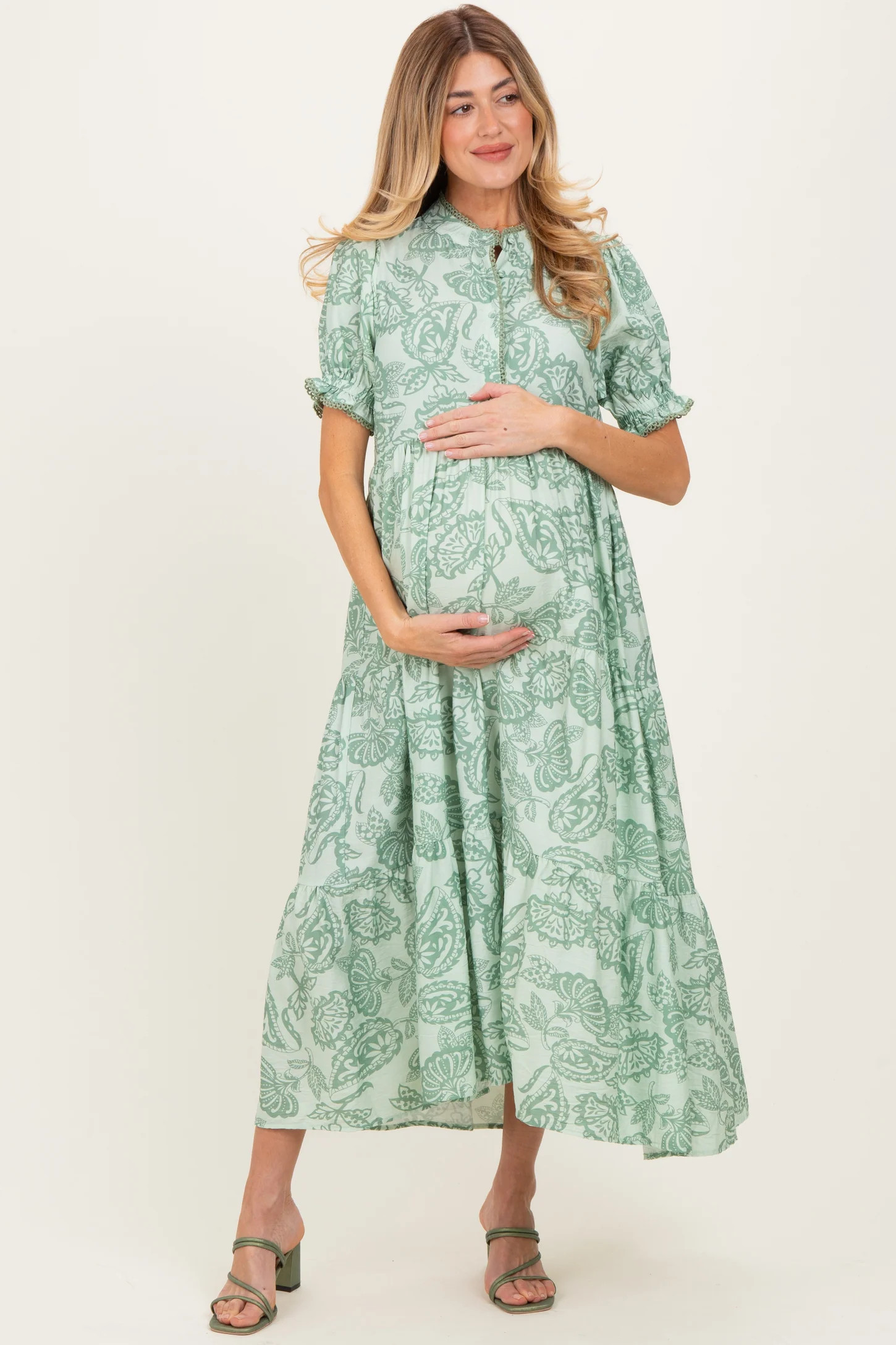 Light Sage Paisley Print Tiered Maternity Midi Dress | PinkBlush Maternity