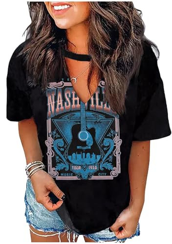 Country Concert T Shirts for Women Nashville Outfits Ladies Trendy Cowgirls Graphic Tshirts Concert Vacation Outfits Tops(Nashville Black2,Small) | Amazon (US)