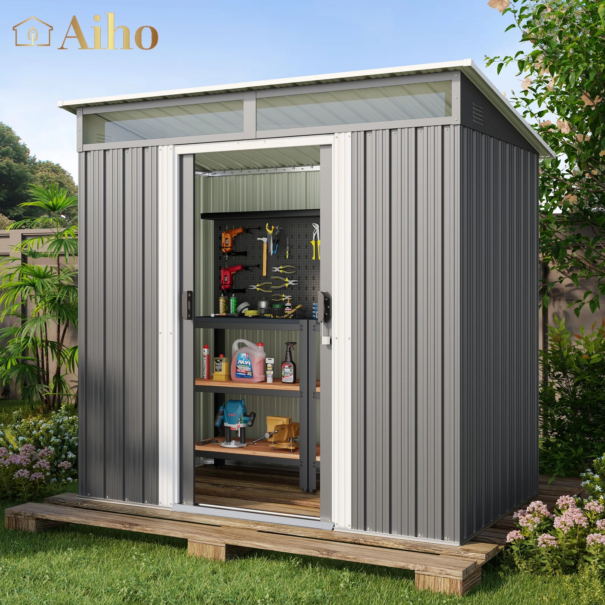 Aiho 6 x 4 FT Outdoor Storage Shed with Sliding Double Doors for Garden, Patio - Gray - Walmart.c... | Walmart (US)